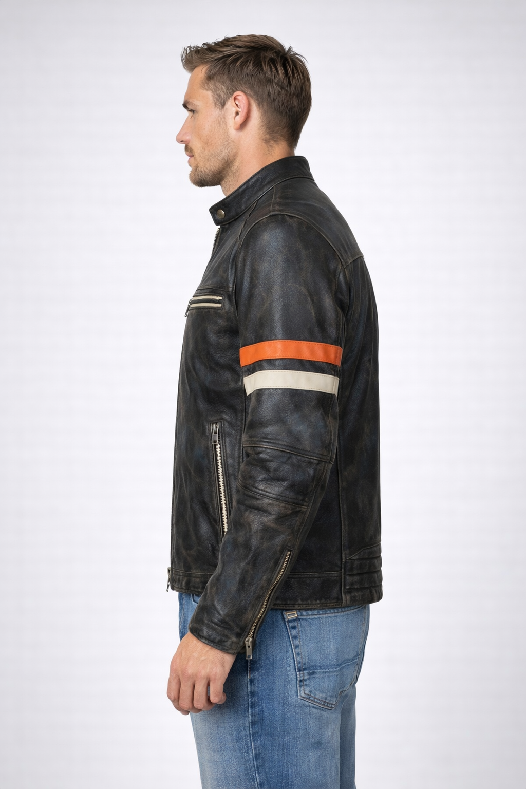 Men's Distressed Black Cafe Racer Leather Jacket - Left