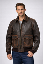 Distressed A2 Military Pilot Leather Jacket - Front