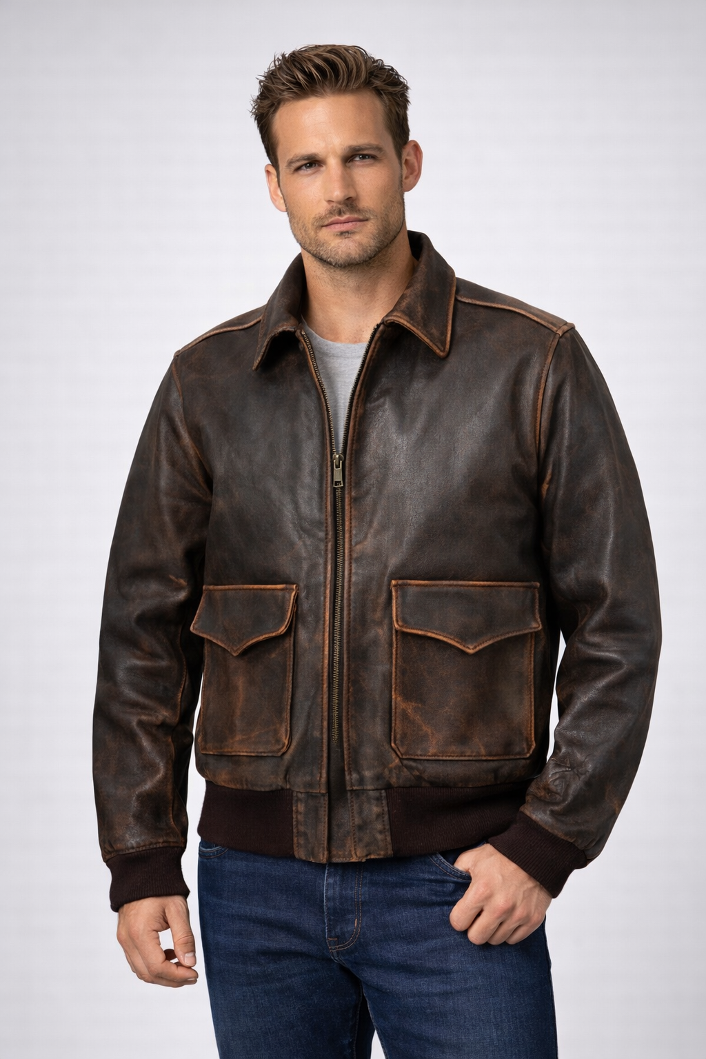 Distressed A2 Military Pilot Leather Jacket - Front