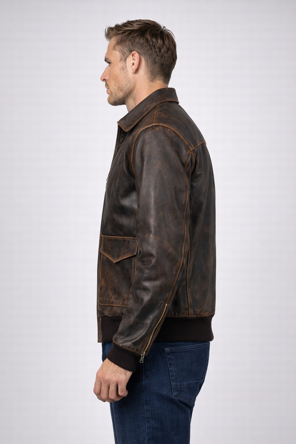 Distressed A2 Military Pilot Leather Jacket - Left