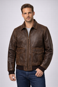 Men's Distressed Tan Bomber Leather Jacket - Front