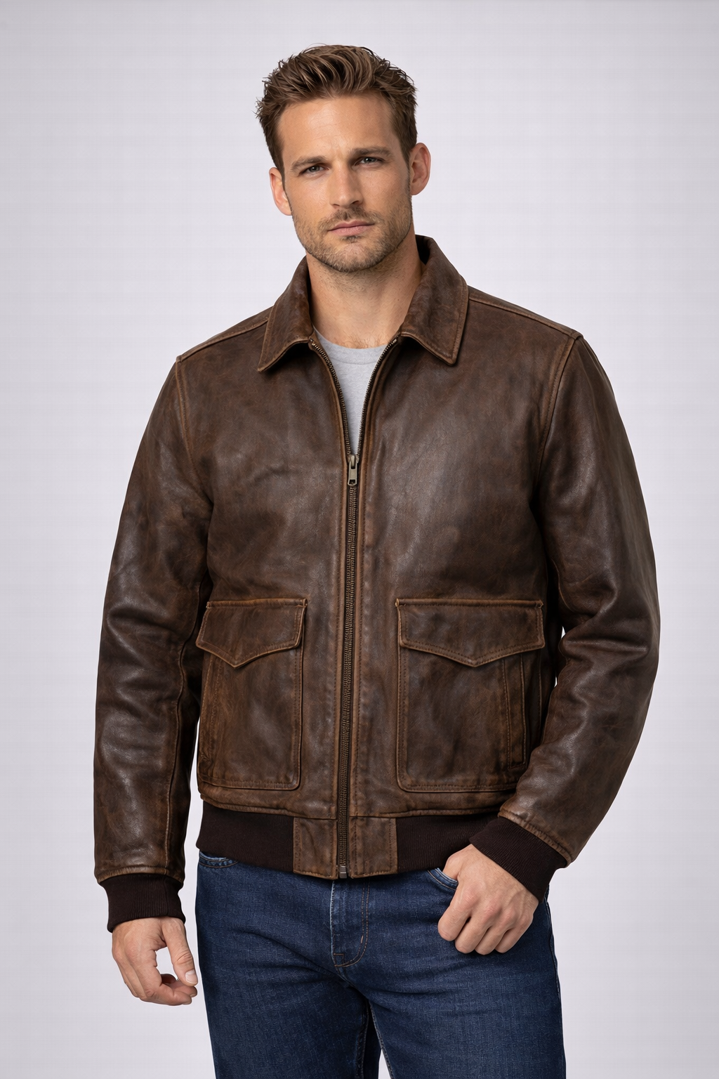Men's Distressed Tan Bomber Leather Jacket - Front