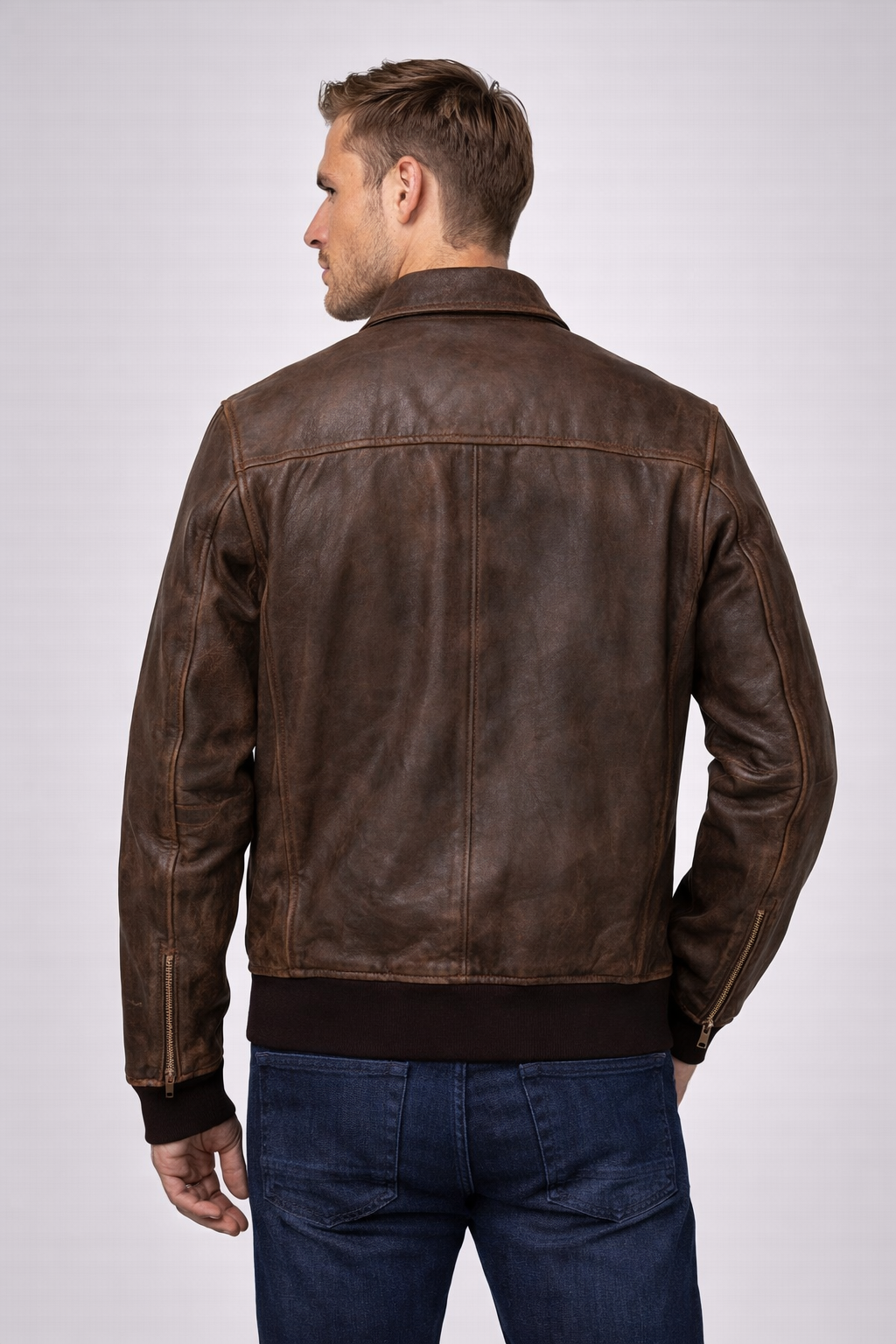 Men's Distressed Tan Bomber Leather Jacket - Left