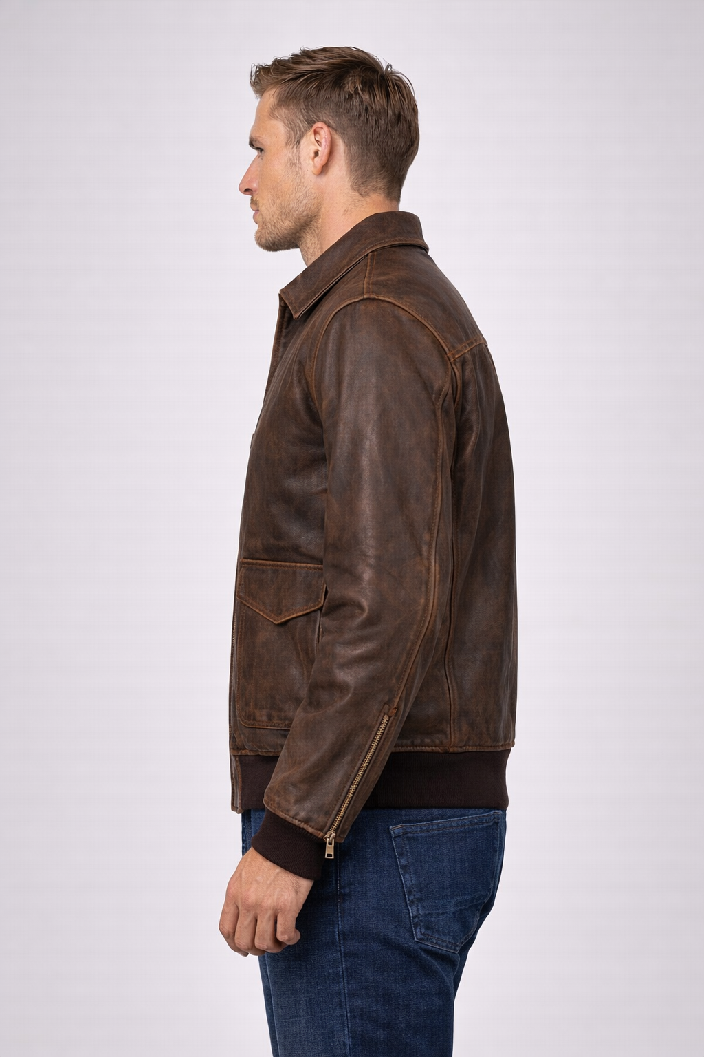 Men's Distressed Tan Bomber Leather Jacket - Back