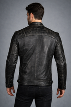 Genuine Leather Black Cafe Racer Jacket - Back