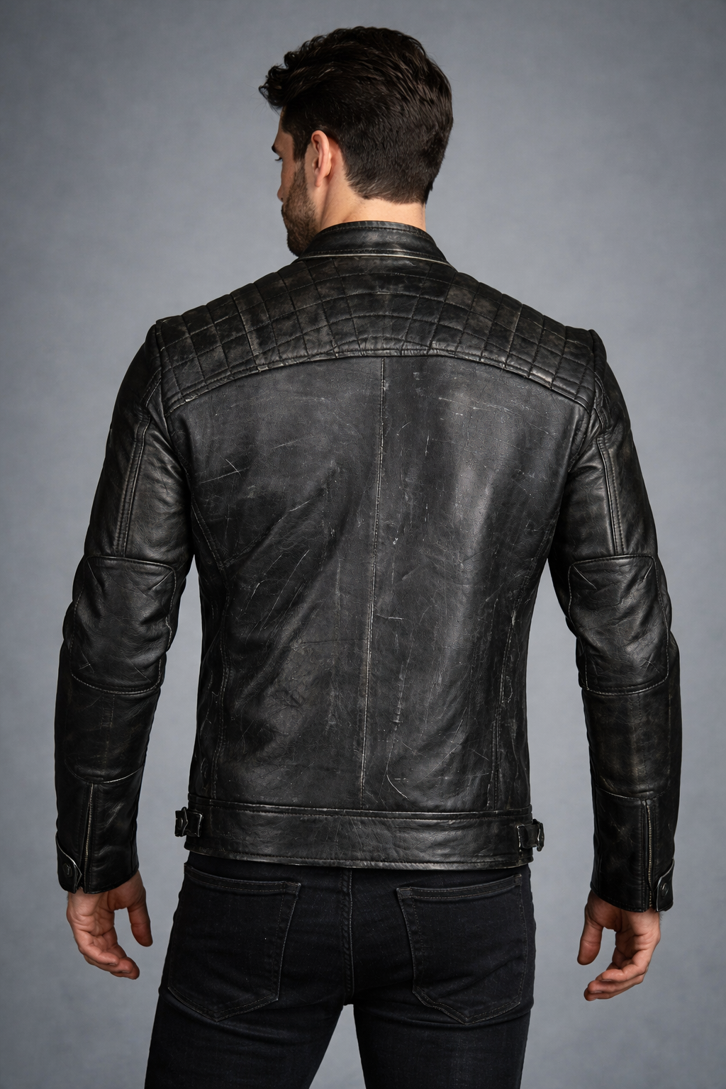 Genuine Leather Black Cafe Racer Jacket - Back