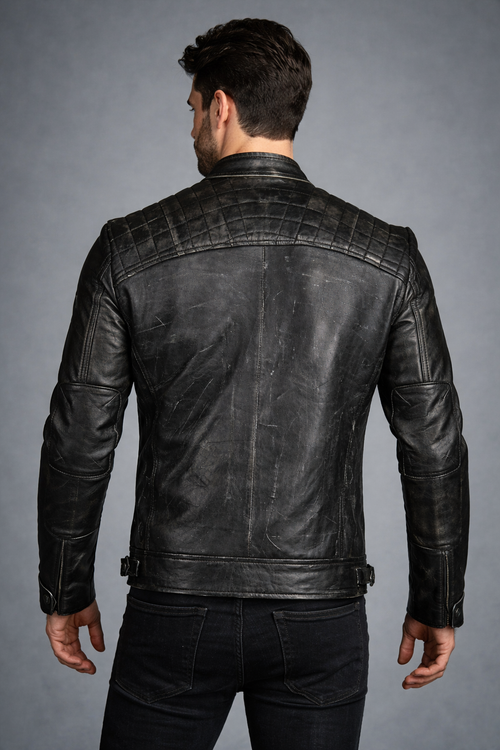 Genuine Leather Black Cafe Racer Jacket - Back