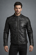 Genuine Leather Black Cafe Racer Jacket - Front