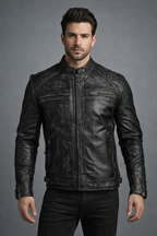 Genuine Leather Black Cafe Racer Jacket - Front