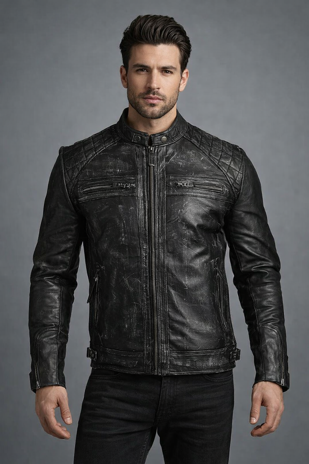 Genuine Leather Black Cafe Racer Jacket - Front