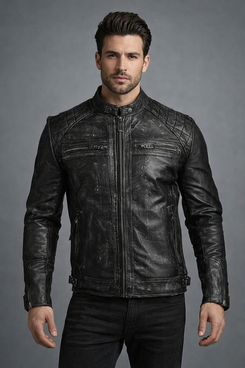 Genuine Leather Black Cafe Racer Jacket - Front