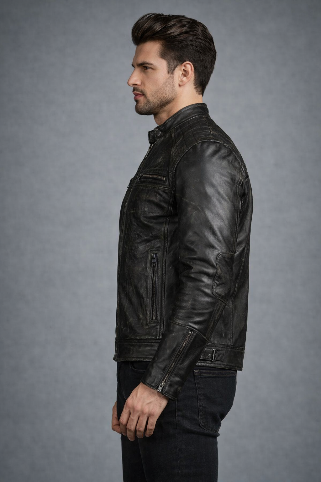 Genuine Leather Black Cafe Racer Jacket - Right