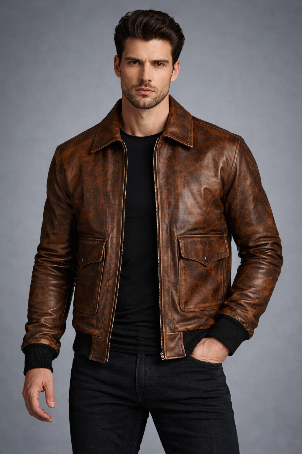 Brown Distressed Leather Jacket - Front