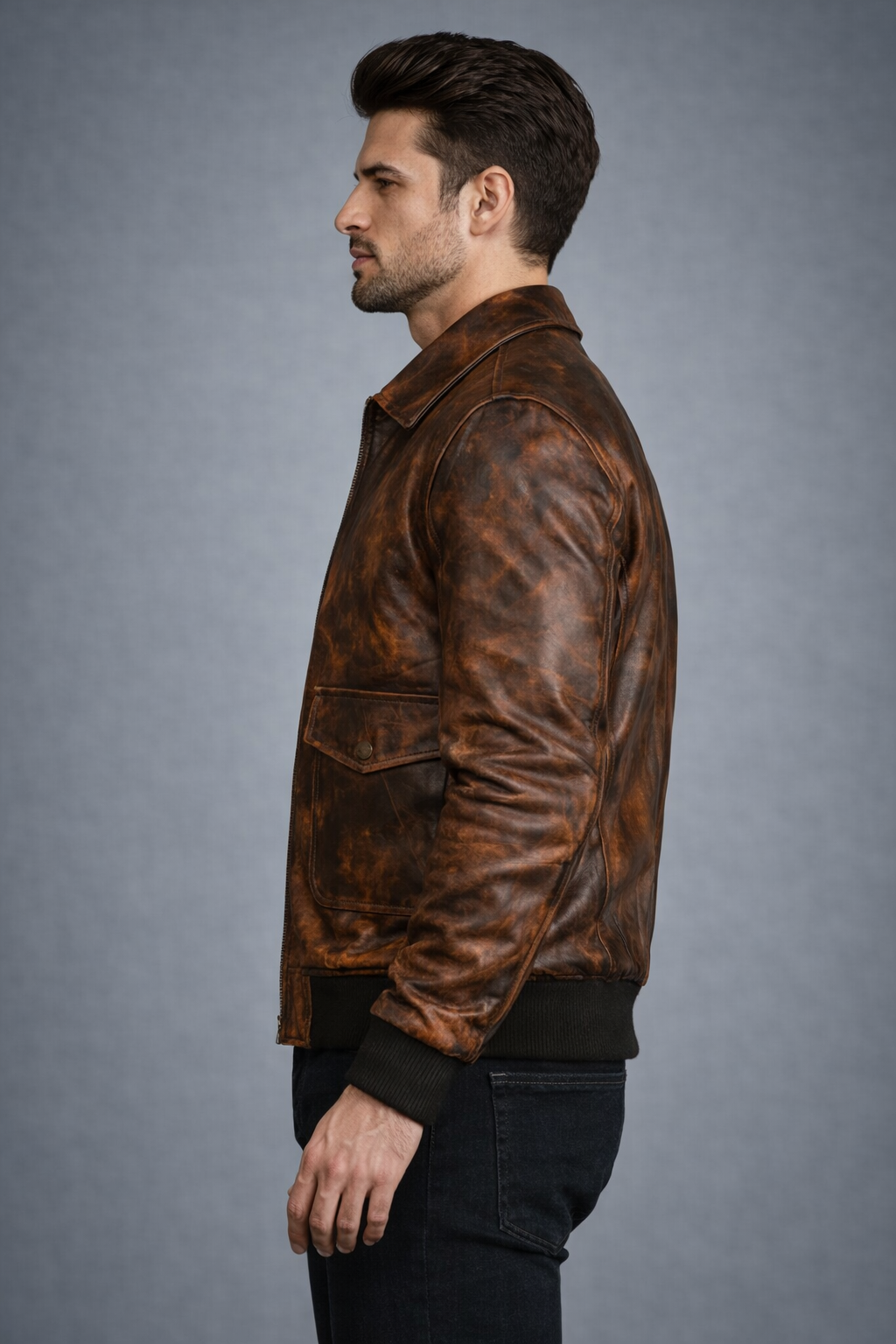 Brown Distressed Leather Jacket - Left