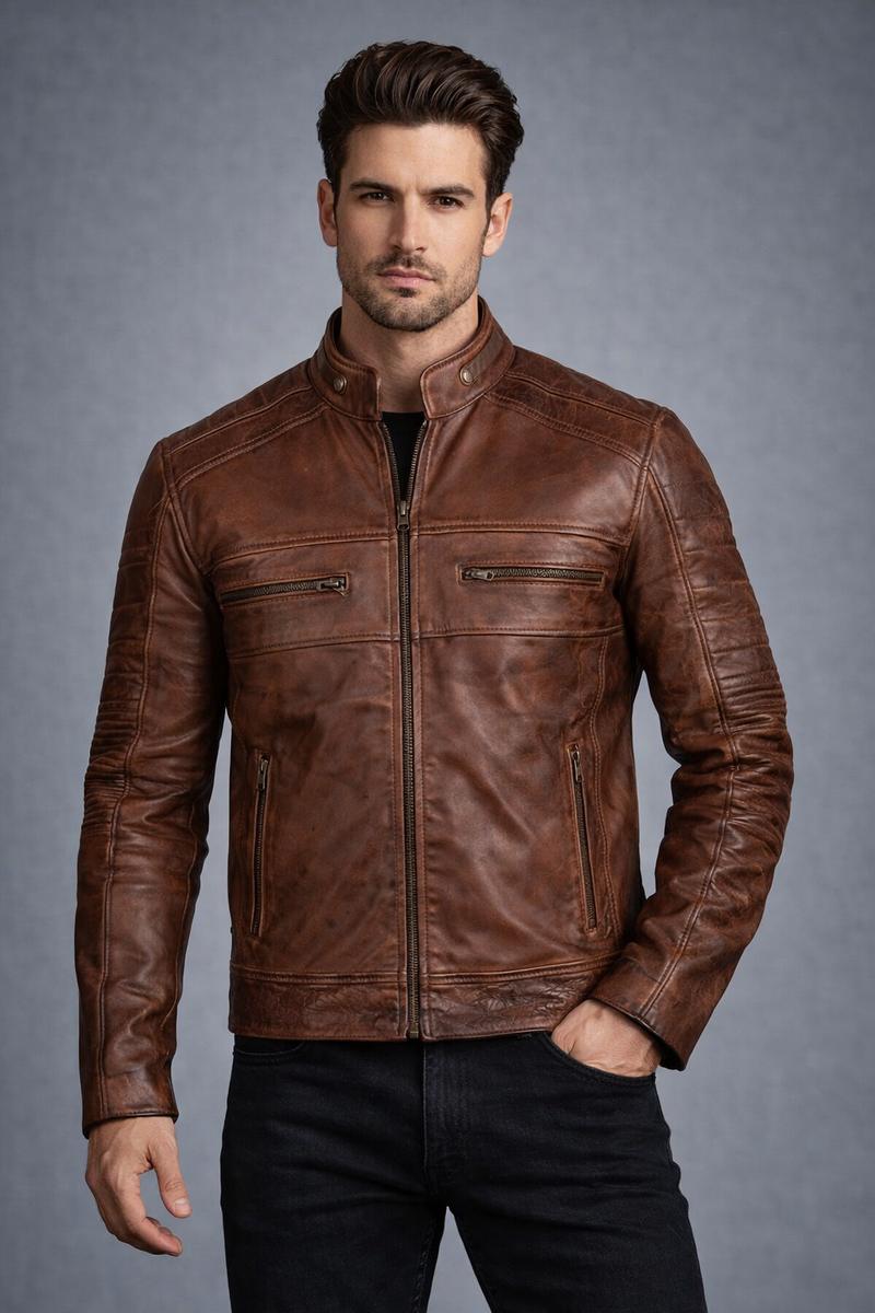 Men Motorbike Leather Jacket - Front