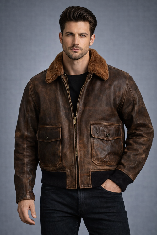 Bravo G-1 Distressed Brown Leather Bomber Jacket - Front