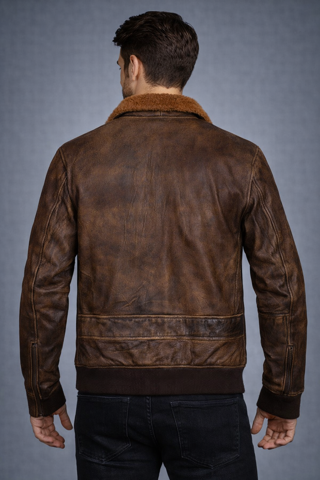 Bravo G-1 Distressed Brown Leather Bomber Jacket - Back