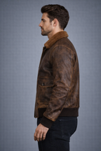 Bravo G-1 Distressed Brown Leather Bomber Jacket - Left