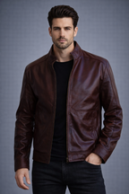 Brown Leather Jacket with Stand Collar - Front