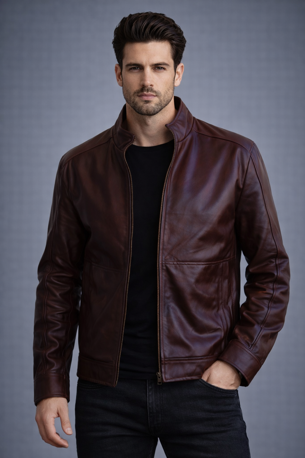 Brown Leather Jacket with Stand Collar - Front