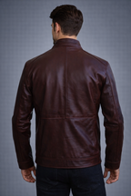 Brown Leather Jacket with Stand Collar - Back