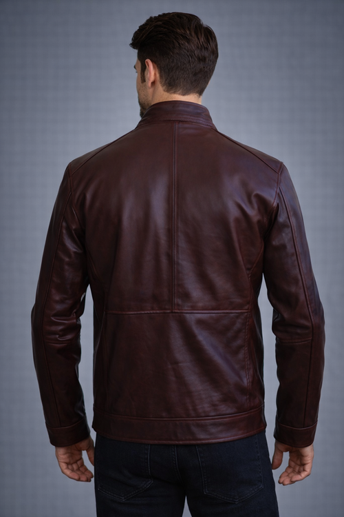 Brown Leather Jacket with Stand Collar - Back