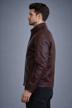Brown Leather Jacket with Stand Collar - Left