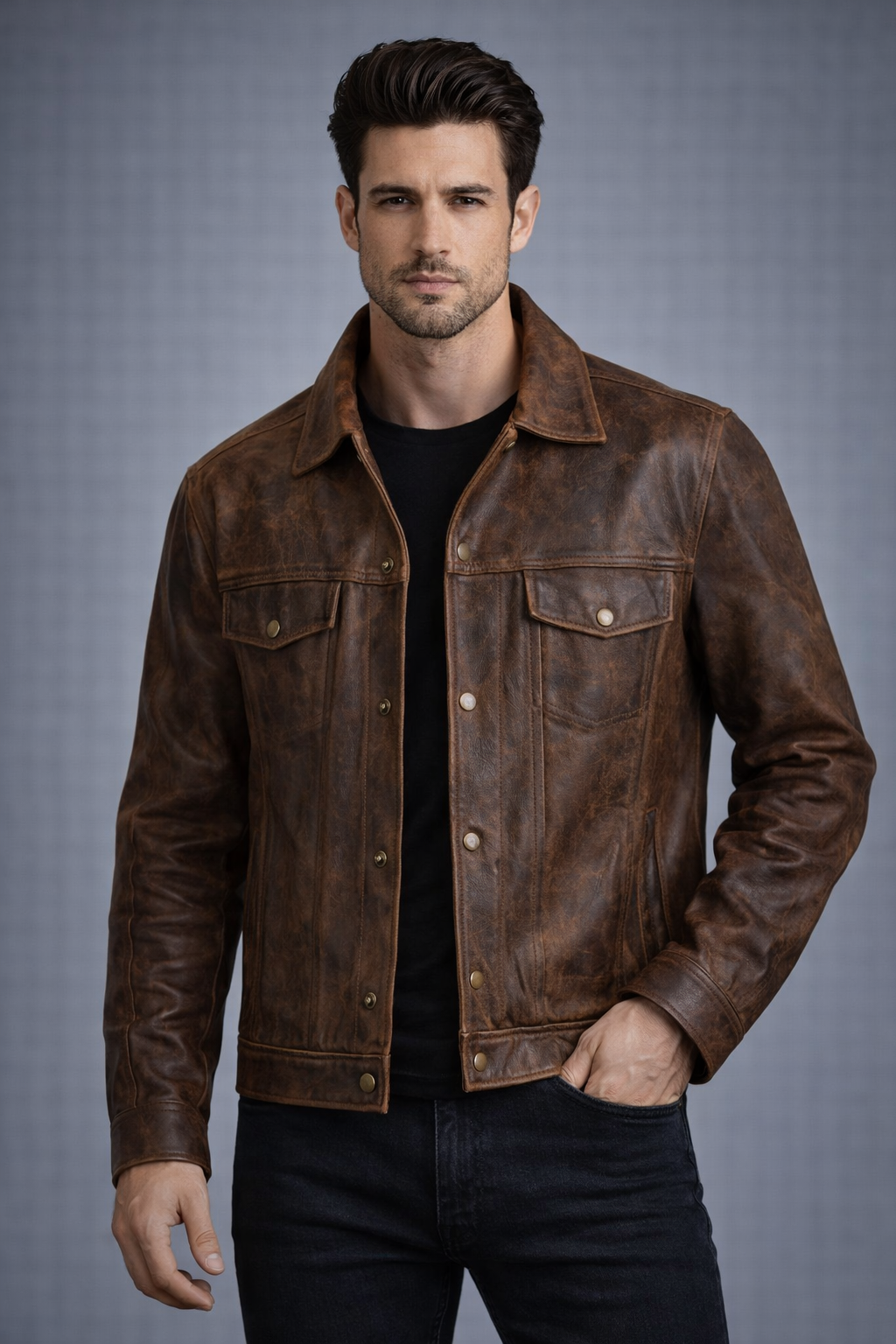 Men's Brown Distressed Lambskin Leather Trucker Jacket - Front