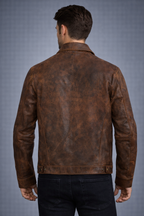 Men's Brown Distressed Lambskin Leather Trucker Jacket - Back