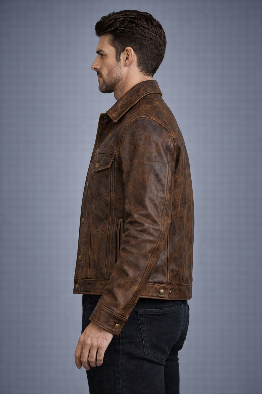 Men's Brown Distressed Lambskin Leather Trucker Jacket - Left
