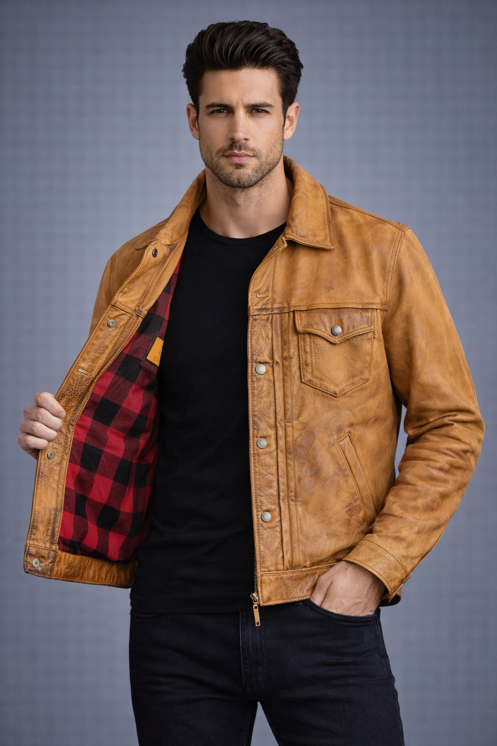 Men's Camel Brown Trucker Leather Jacket - Front