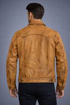 Men's Camel Brown Trucker Leather Jacket - Back
