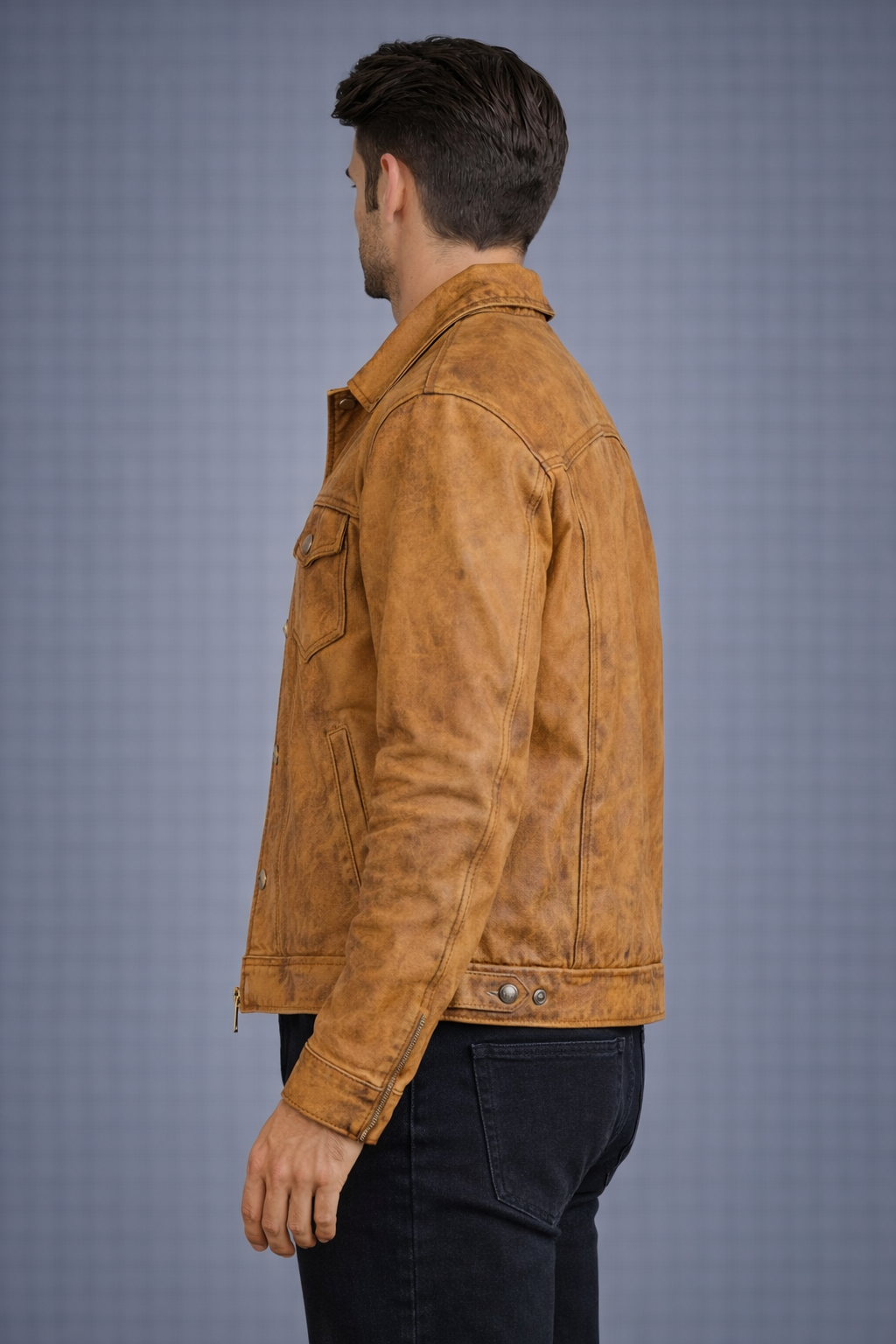 Men's Camel Brown Trucker Leather Jacket - Left