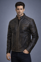 Brown Vintage Cafe Racer Leather Jacket - Front