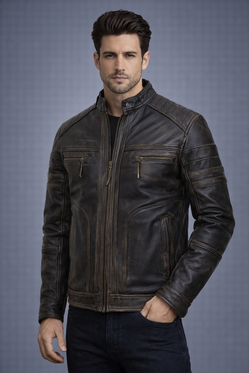 Brown Vintage Cafe Racer Leather Jacket - Front