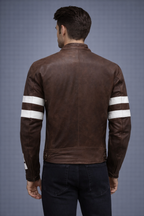 Brown Distressed Leather Jacket with White Stripes - Back