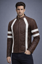 Brown Distressed Leather Jacket with White Stripes - Front