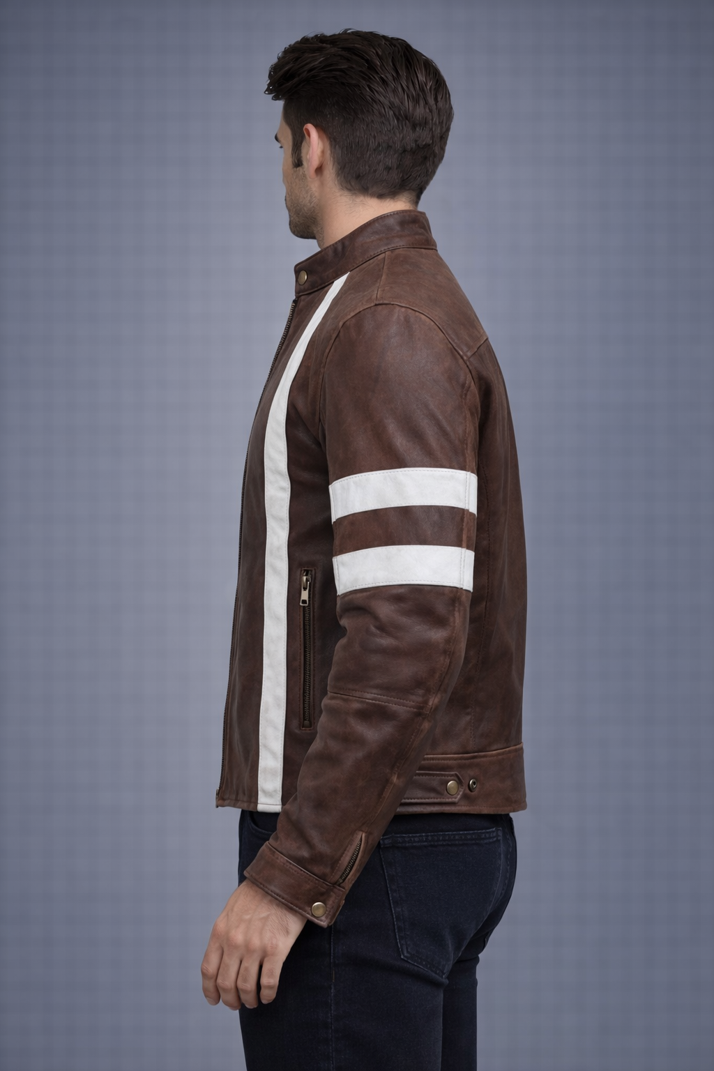 Brown Distressed Leather Jacket with White Stripes - Left