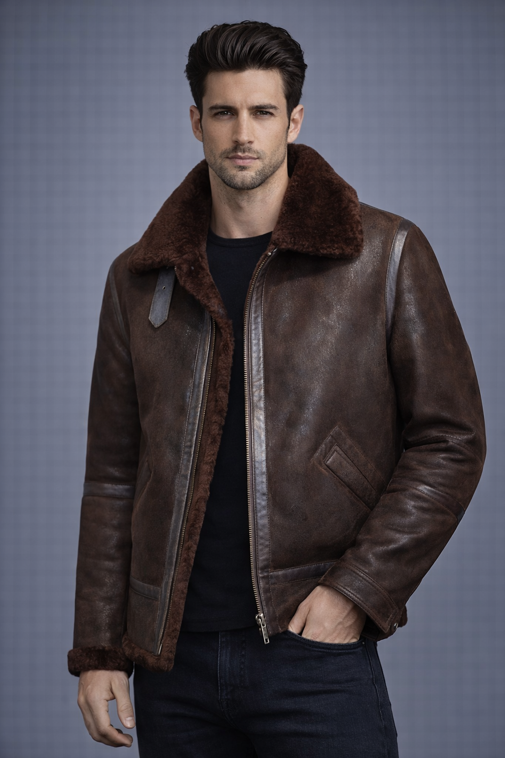 Men's Brown Distressed B3 Shearling Leather Jacket - Front