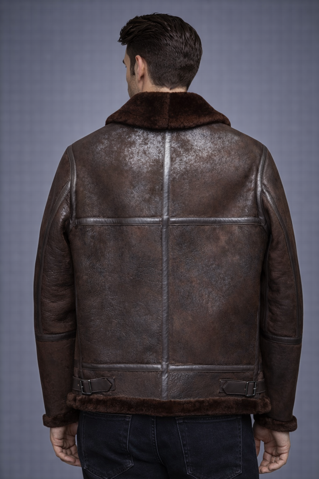 Men's Brown Distressed B3 Shearling Leather Jacket - Left