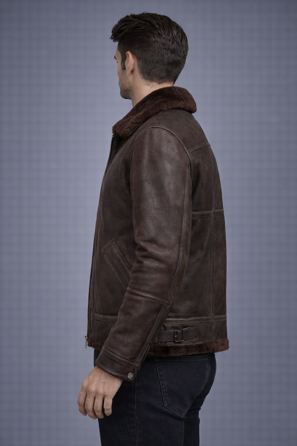 Men's Brown Distressed B3 Shearling Leather Jacket - Back