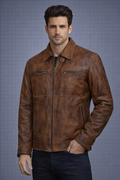 Men's Distressed Brown Leather Jacket - Front