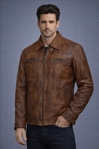 Men's Distressed Brown Leather Jacket - Front
