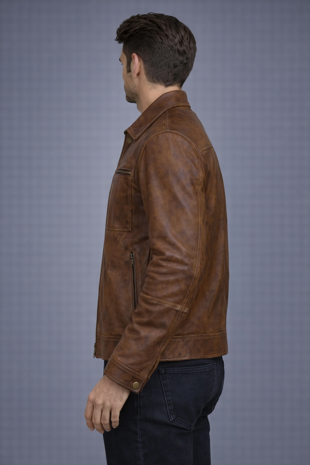 Men's Distressed Brown Leather Jacket - Left