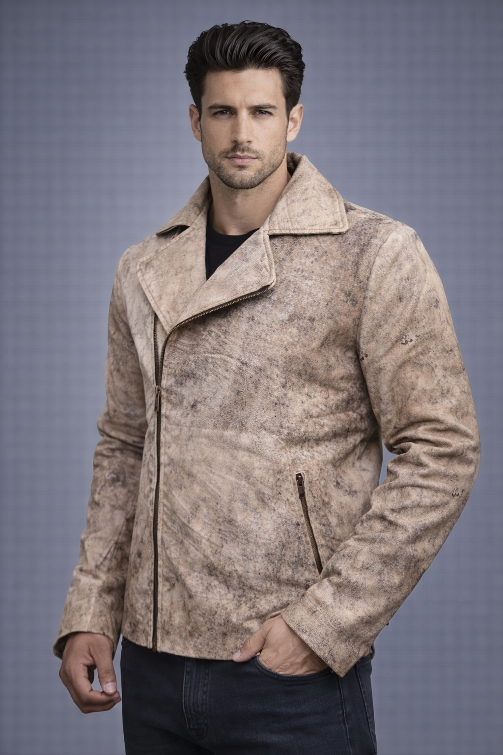 Men's Distressed Brown Biker Leather Jacket - Front