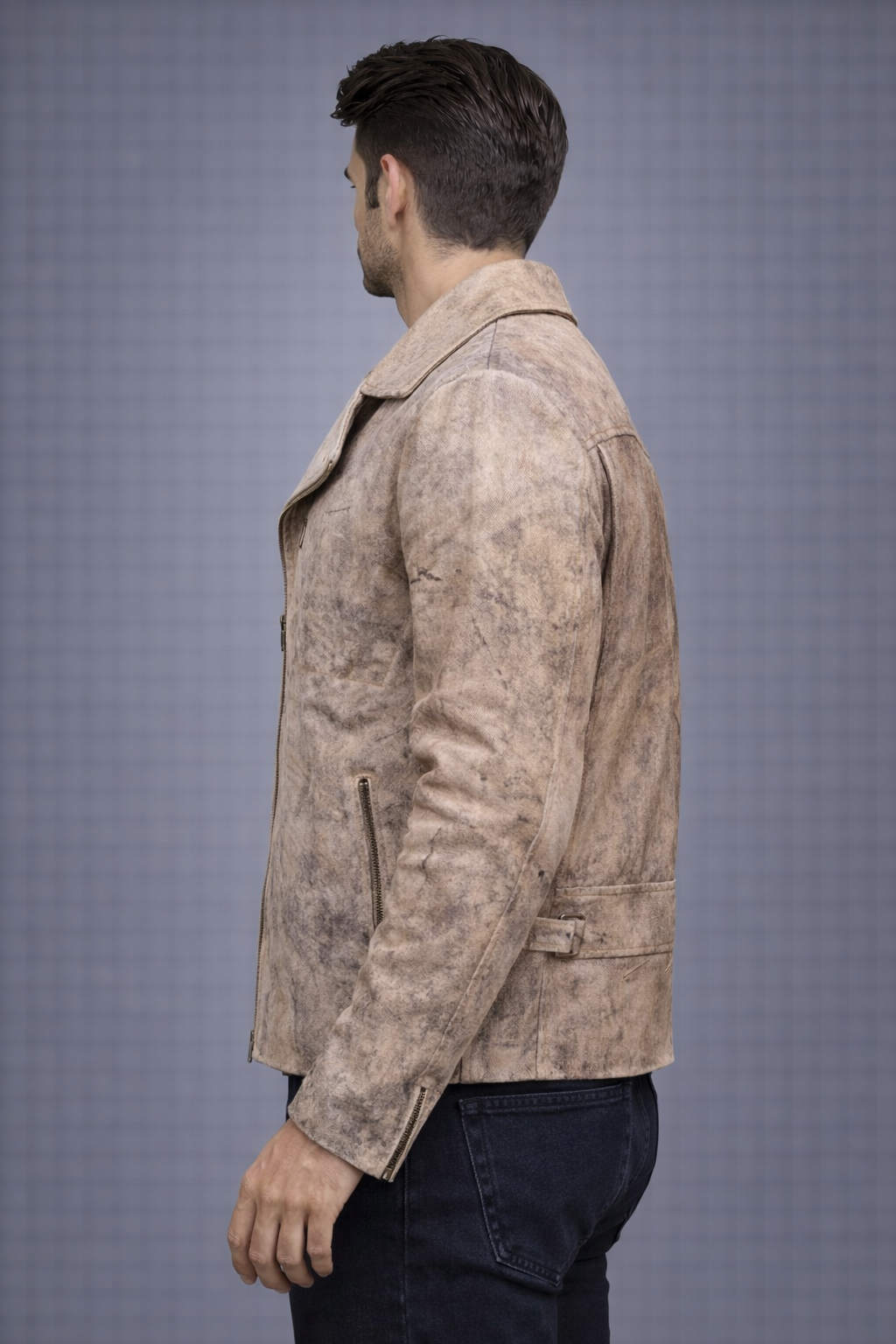 Men's Distressed Brown Biker Leather Jacket - Left