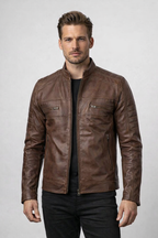 Men's Distressed Coffee Brown Cafe Racer Leather Jacket - Front