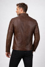 Men's Distressed Coffee Brown Cafe Racer Leather Jacket - Back
