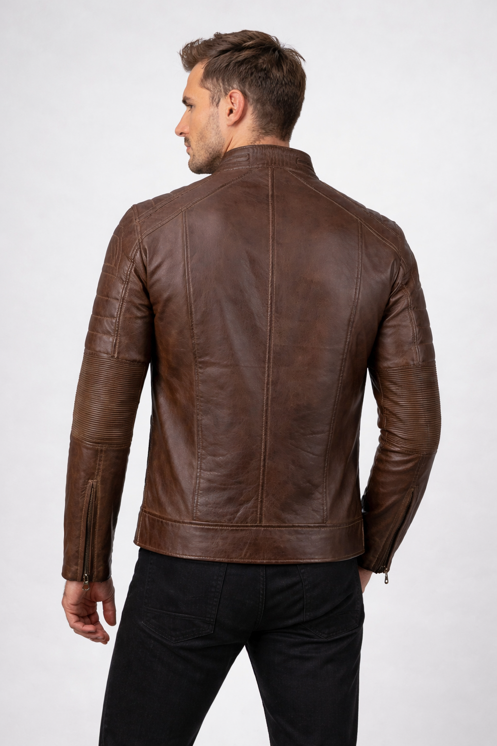 Men's Distressed Coffee Brown Cafe Racer Leather Jacket - Back
