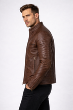 Men's Distressed Coffee Brown Cafe Racer Leather Jacket - Left